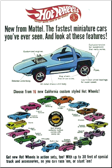 1968 Hotwheels original ad, shows 16 cars including Cheetah (later renamed Python)